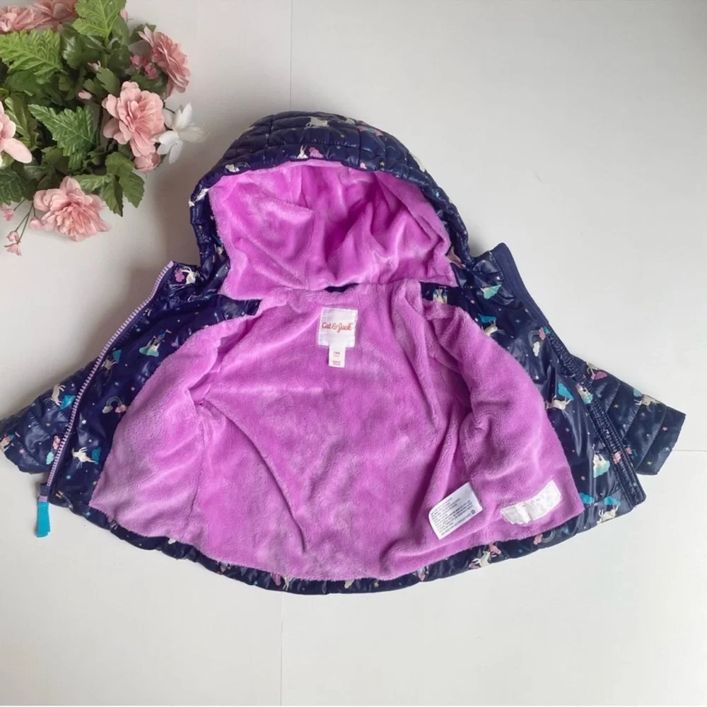Cat & Jack Blue Unicorn Infant/Baby Girl's Midweight Puffer Hooded Jacket